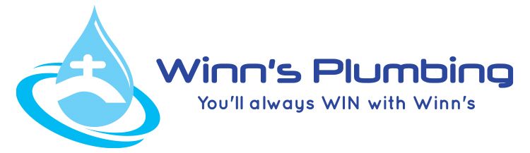 Winn's Plumbing logo with a blue water drop icon containing a cross shape, and the text 