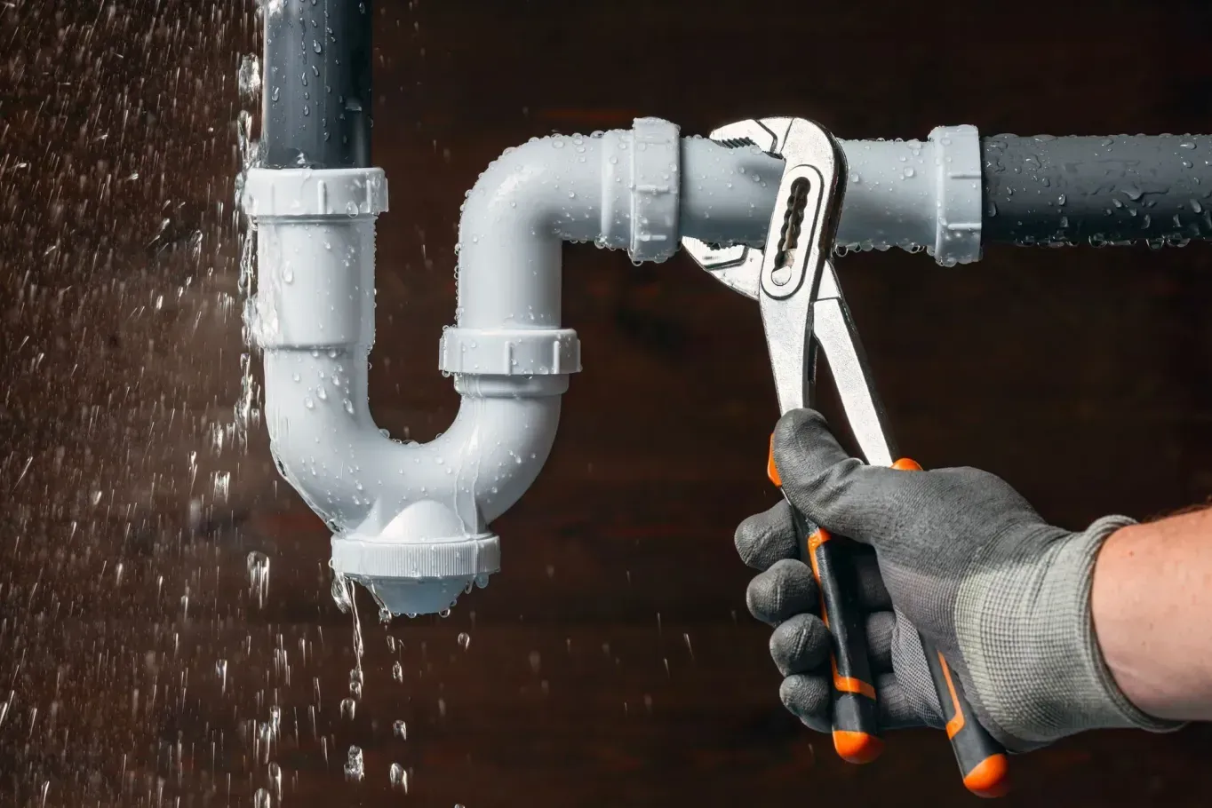 Plumber fixing leaking pipe
