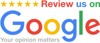 Five gold stars above the Google logo with the text