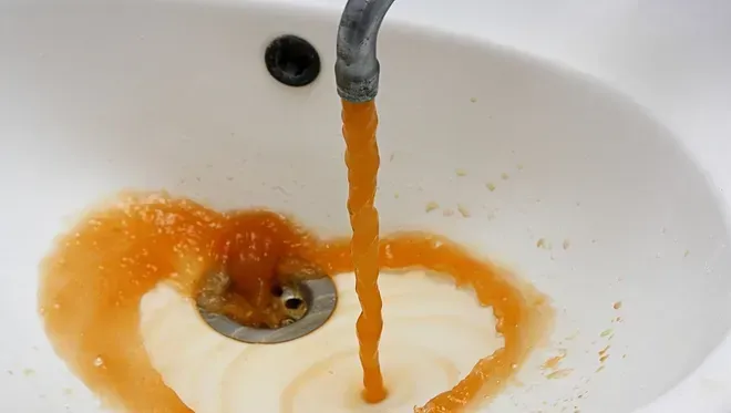 A bathroom sink faucet running with discolored, rusty orange water into a white basin.