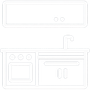 Simple outline of a kitchen icon with upper cabinet, stove, sink, faucet, and lower cabinets