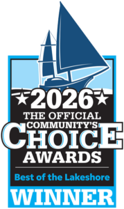 2026 Community’s Choice Awards logo with sailboat; “Best of the Lakeshore” winner badge in blue, black, and white