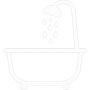 Line drawing of a bathtub icon with a showerhead spraying water into it.