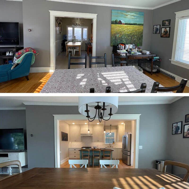 Before-and-after view of a dining room and kitchen with gray walls, hardwood floors, and updated lighting.