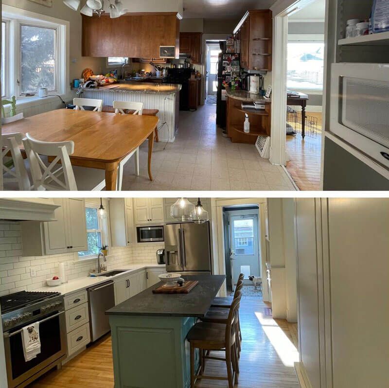 Split view of a bright kitchen and dining area: one traditional with wood cabinets, one modern with white tile and island