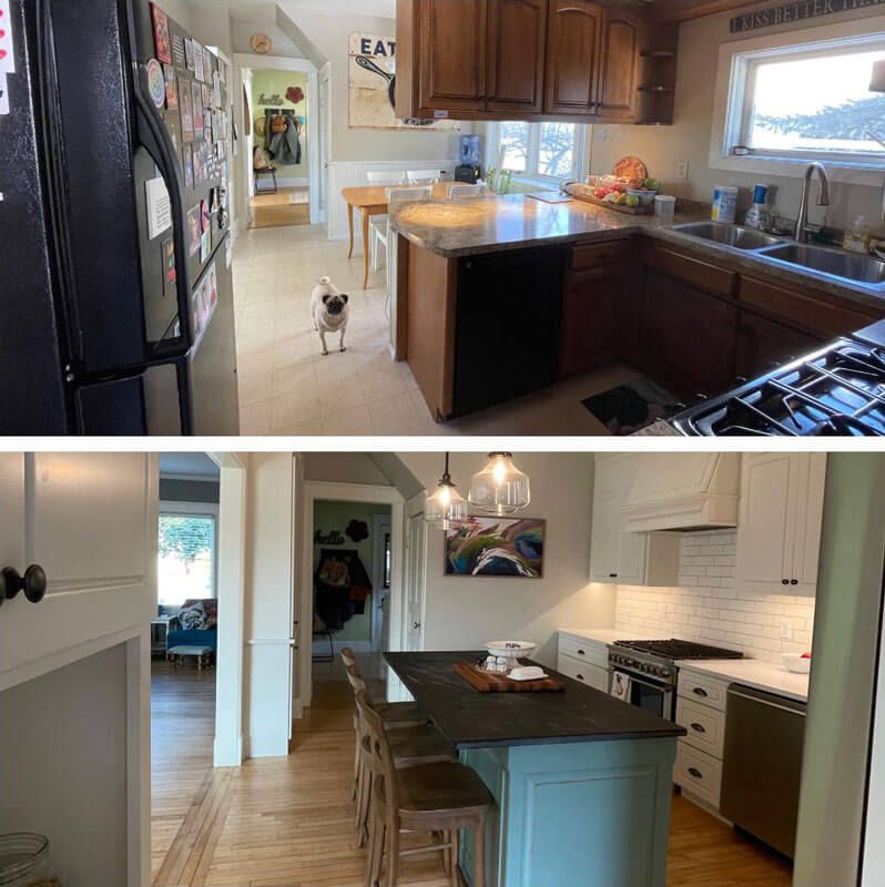 Split view of a bright kitchen with island, white cabinets, stainless appliances, and a small dog on the floor