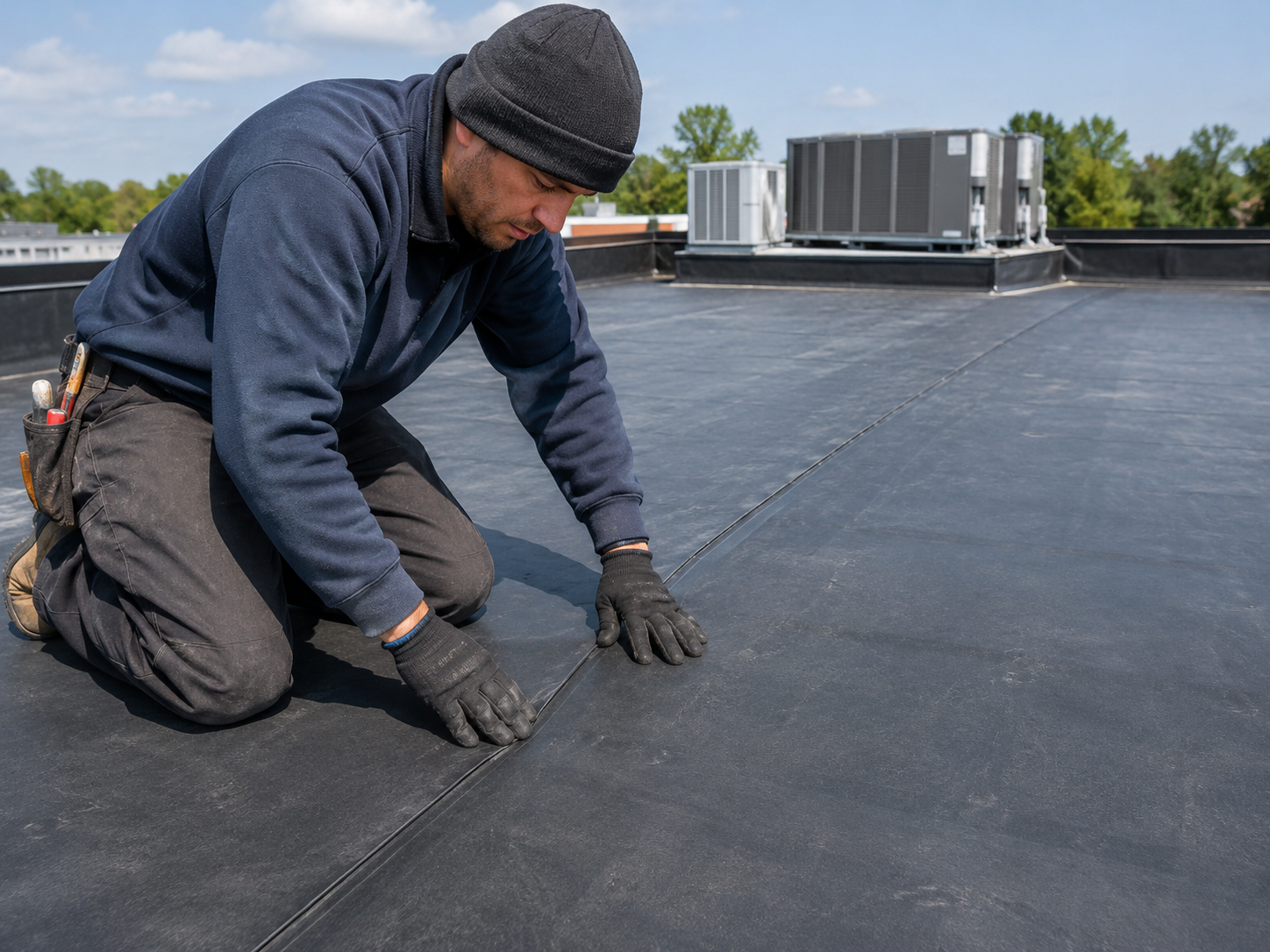 Worker kneeling on a flat rooftop, sealing black roofing seams near HVAC units.