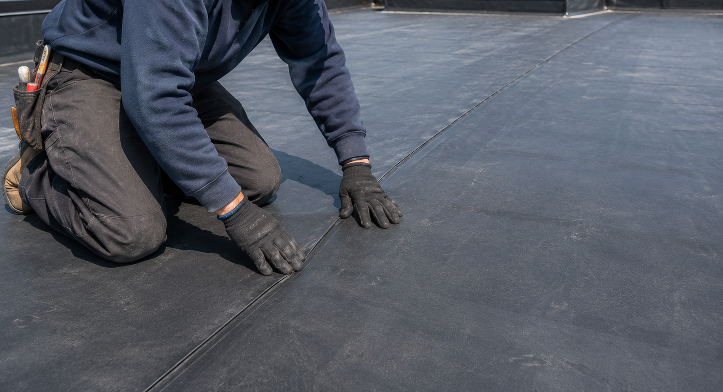 Worker kneeling on a dark rooftop, smoothing seams in black roofing material with gloved hands.