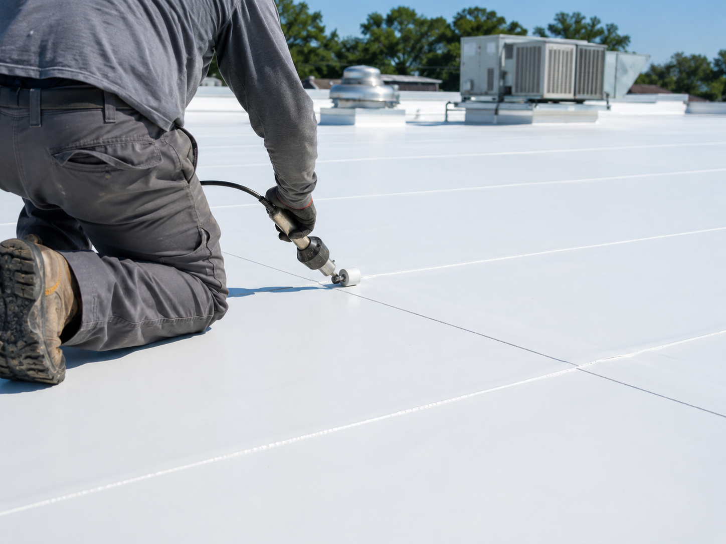 Worker kneeling on a white rooftop, applying sealant near HVAC units under a clear sky.