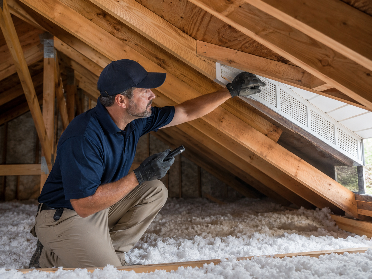 Worker inspecting attic insulation beneath a slanted roof, pointing at wooden rafters.