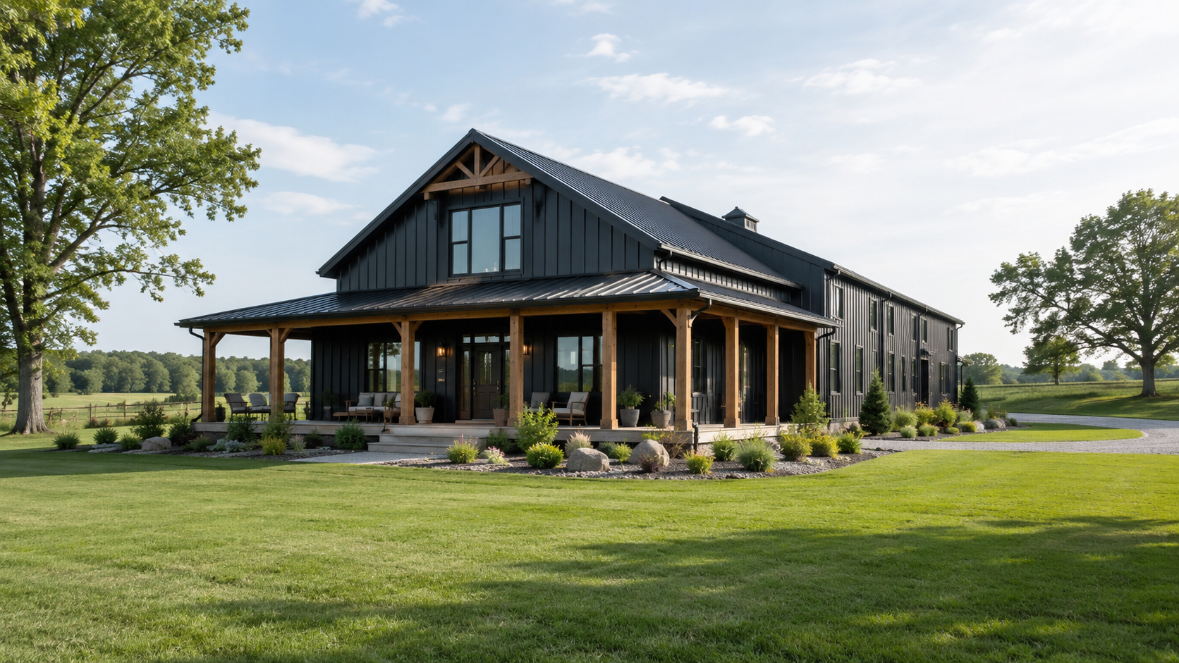 Modern dark farmhouse with wraparound porch and landscaped lawn in a sunny rural setting