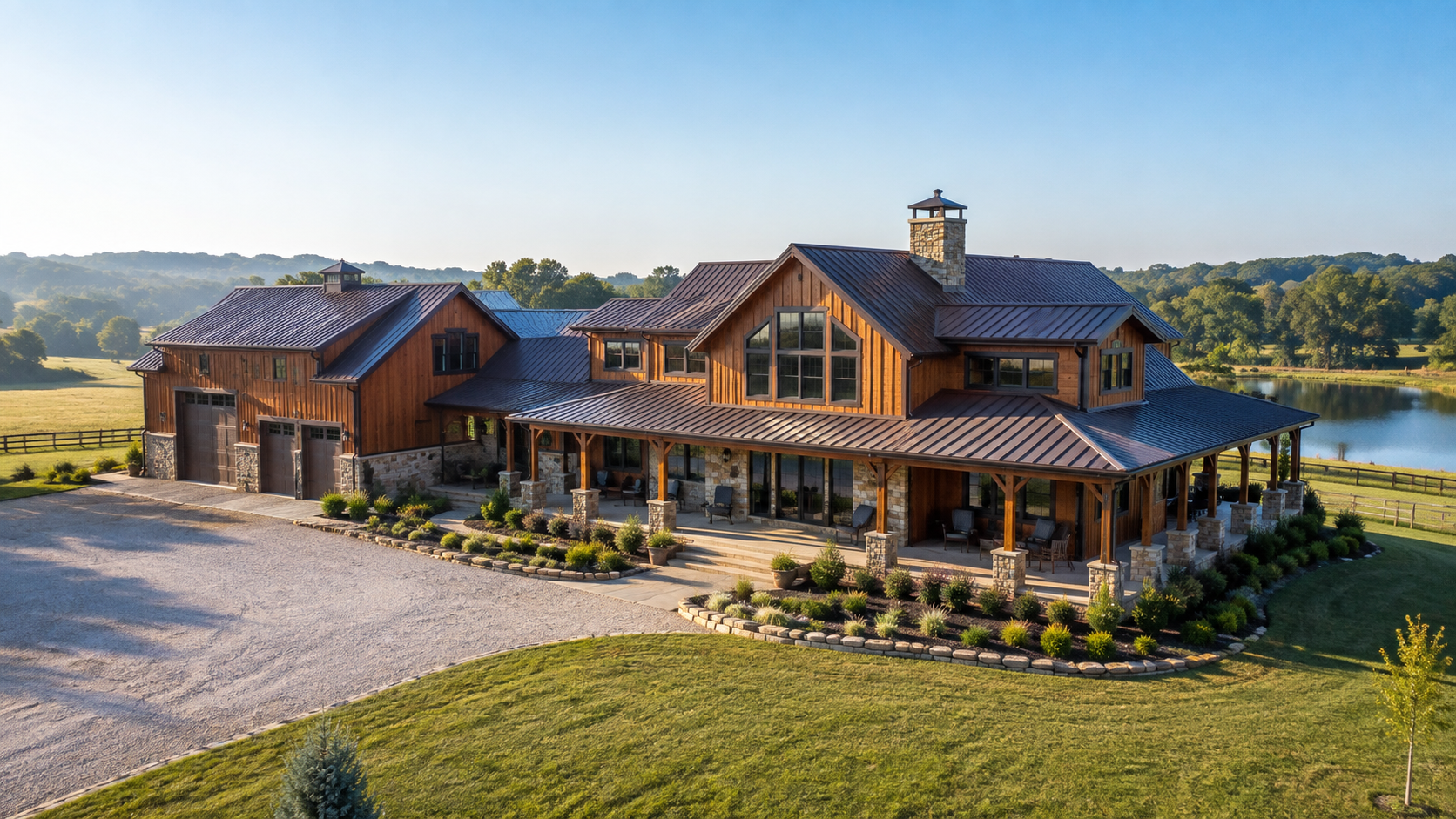 Large rustic log house with stone accents and wraparound porch in a sunny countryside setting