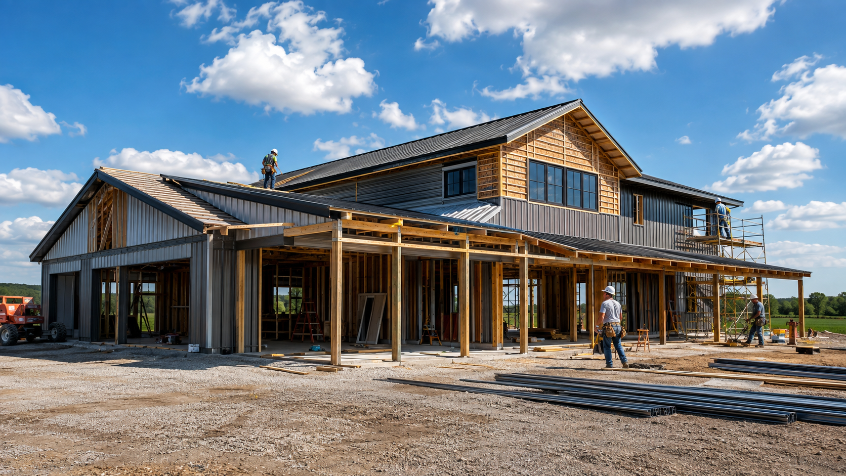 Wood-framed house under construction with workers on a sunny day