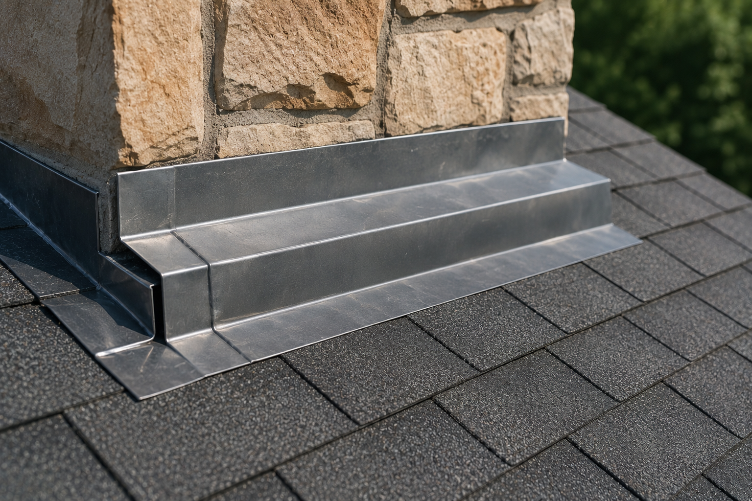 Metal flashing around a stone chimney on a gray shingled roof