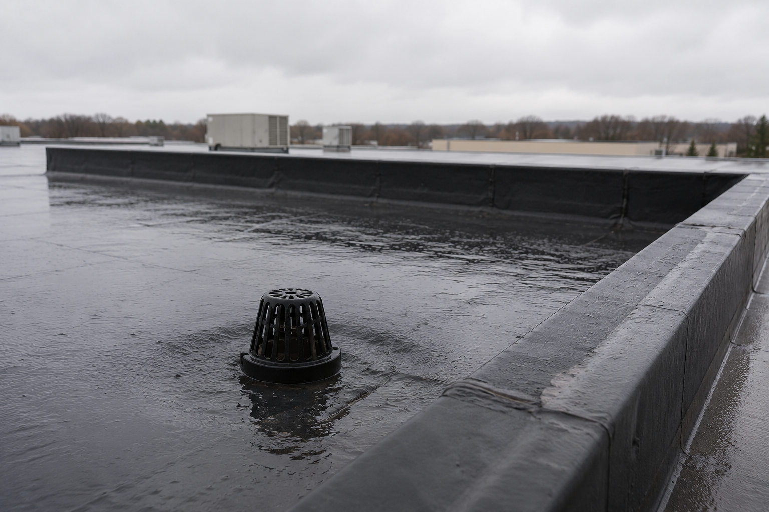 Flat rooftop with pooled rainwater and a black drain vent under an overcast sky