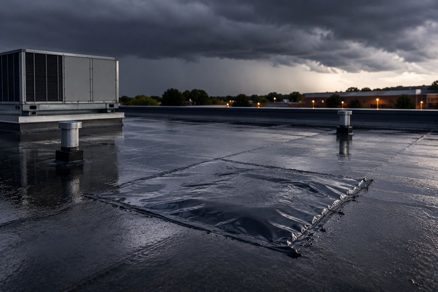 Stormy rooftop with a wet reflective surface, a person standing in the distance, and HVAC units on the left