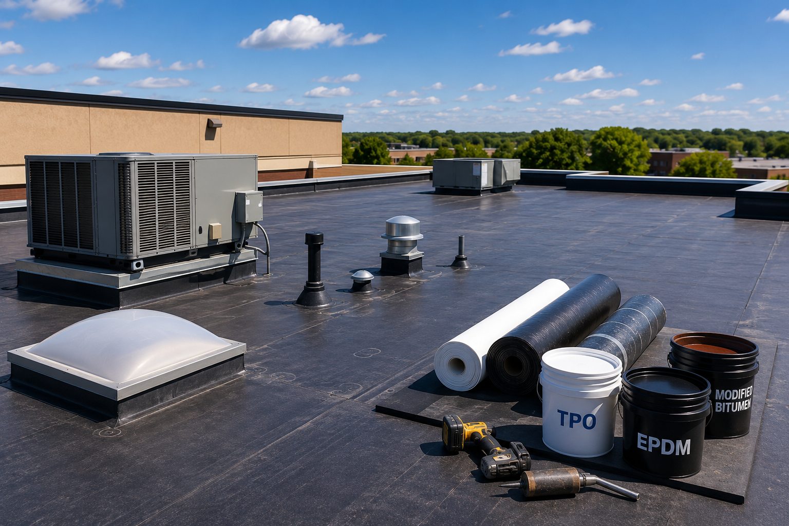 Flat commercial rooftop with HVAC units, vents, and rolled roofing materials under a blue sky.