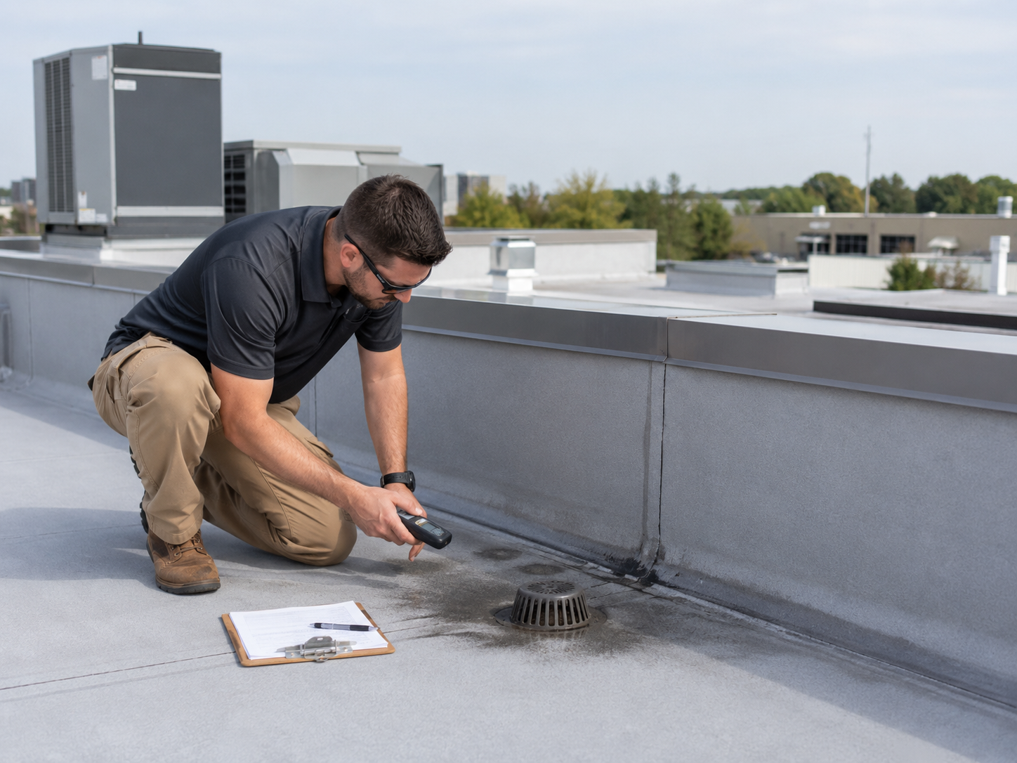 Worker kneeling on a rooftop, inspecting or sealing a roof drain with tools nearby.