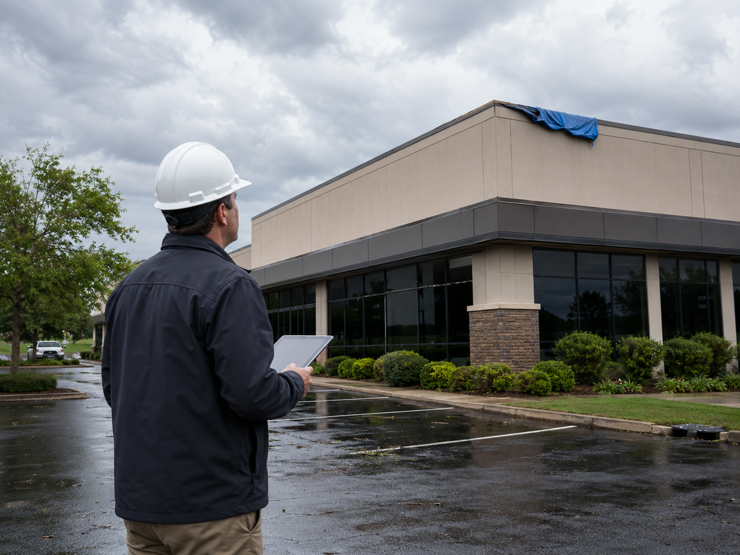 Worker in hard hat inspecting a building exterior on a wet day