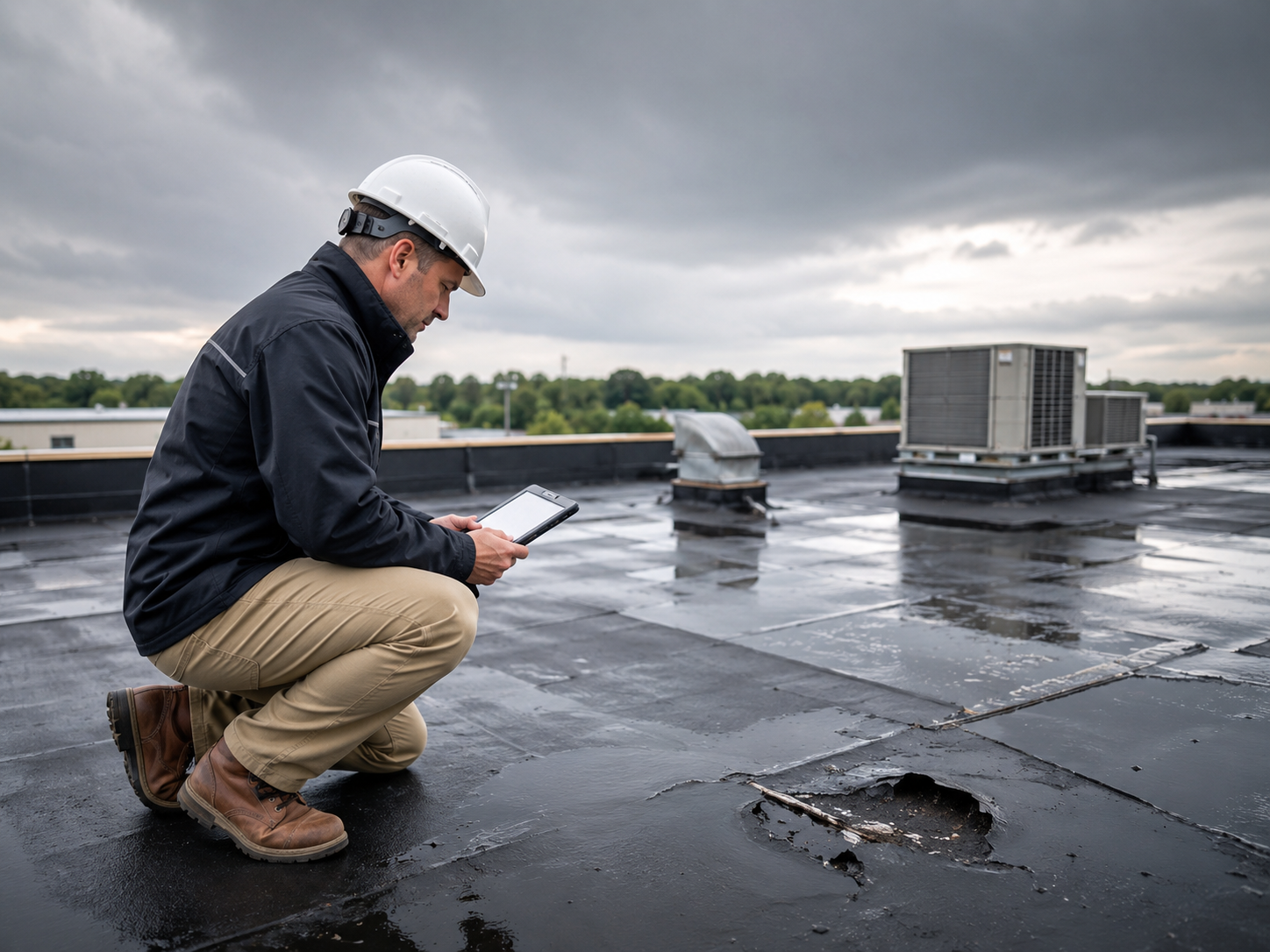 Worker in hard hat inspecting a flat rooftop with vents under a cloudy sky