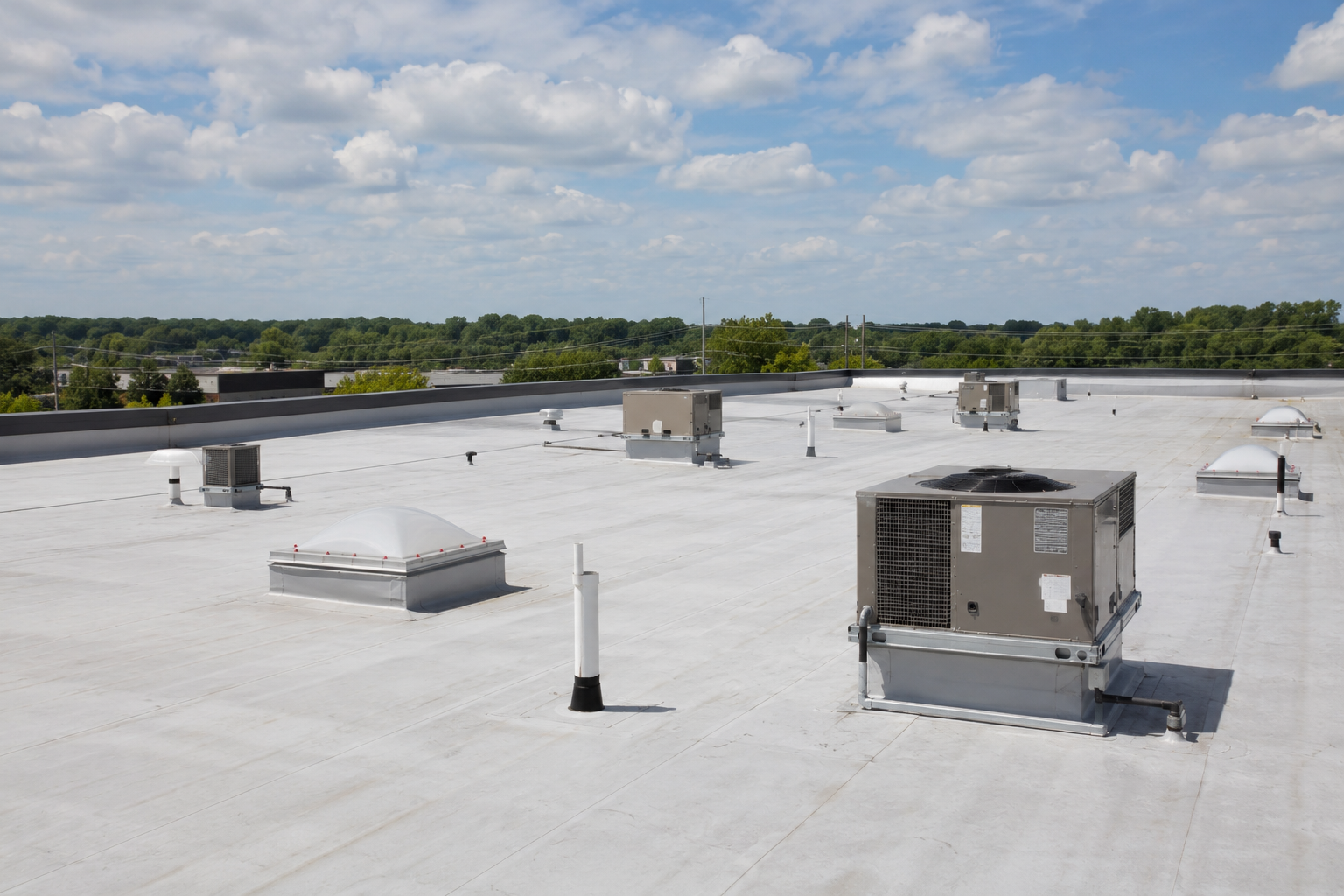 White commercial rooftop with HVAC units and vents under a blue sky