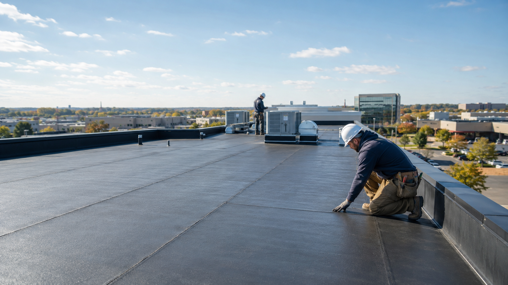 Worker kneeling on a flat rooftop, inspecting dark roofing material under a clear sky