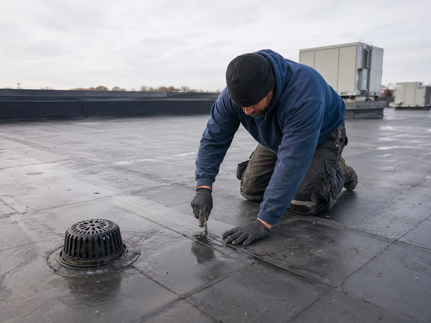 Worker sealing a flat rooftop near a drain vent, wearing blue jacket and black gloves