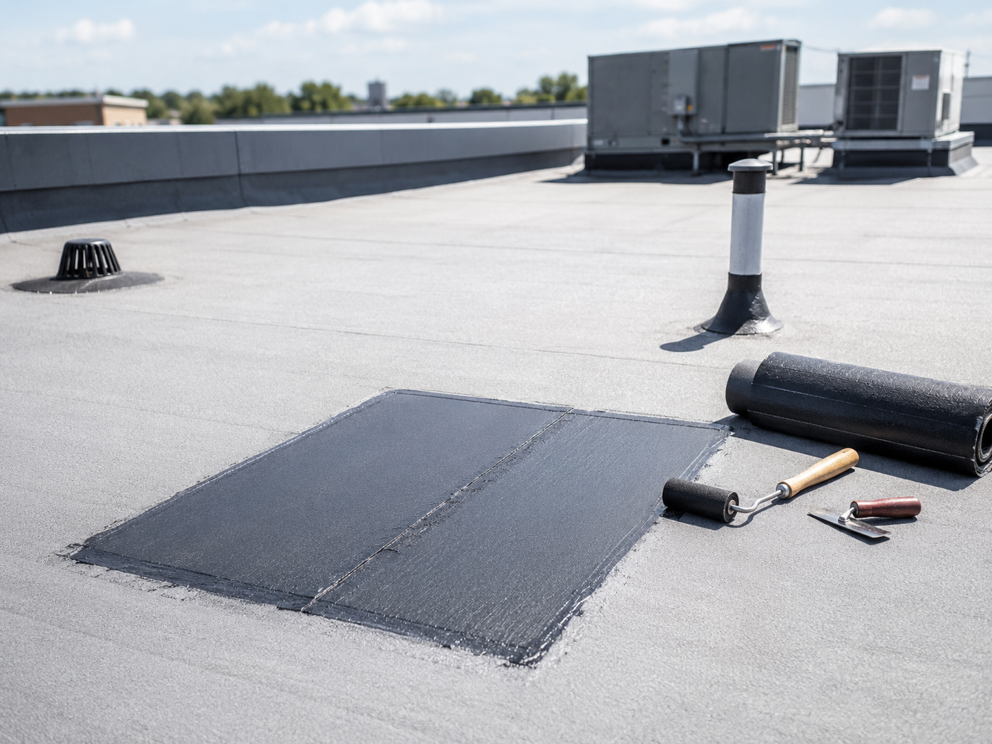 Flat rooftop with HVAC units and a rolled-out patch of roofing membrane beside tools.