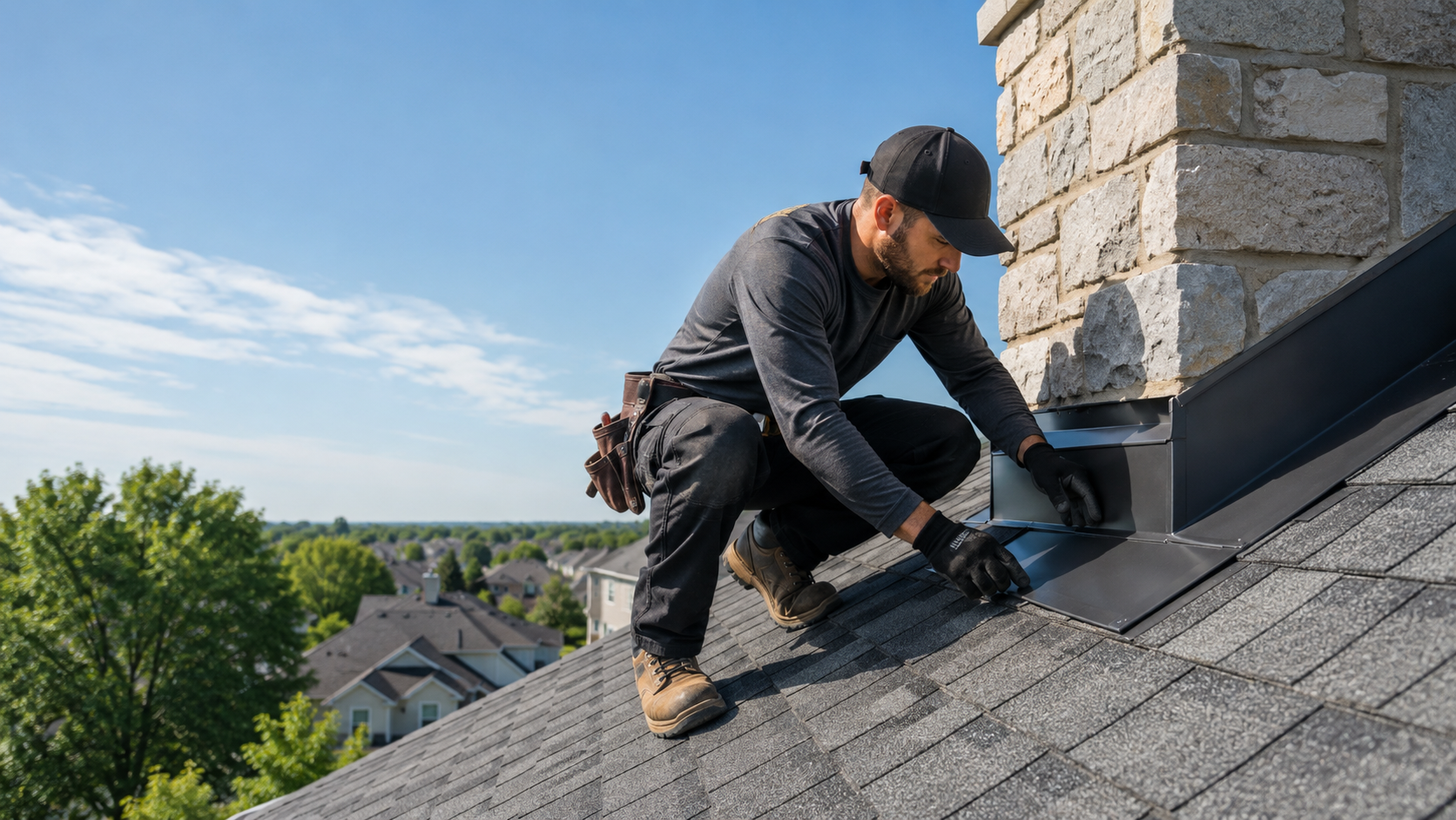 Worker installing roofing near a stone chimney on a house roof under a clear blue sky