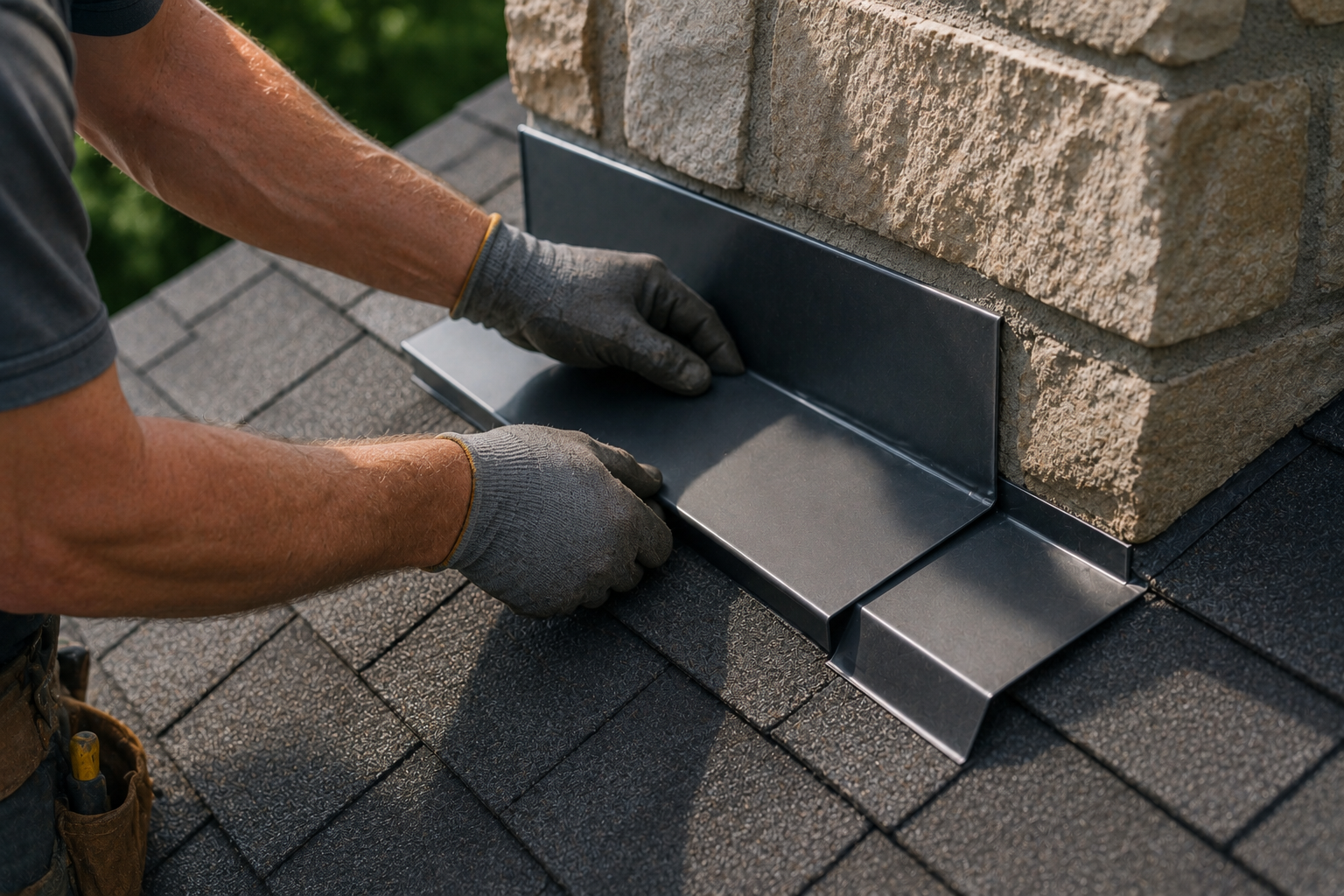 Worker installing a gray metal chimney flashing on a shingled roof