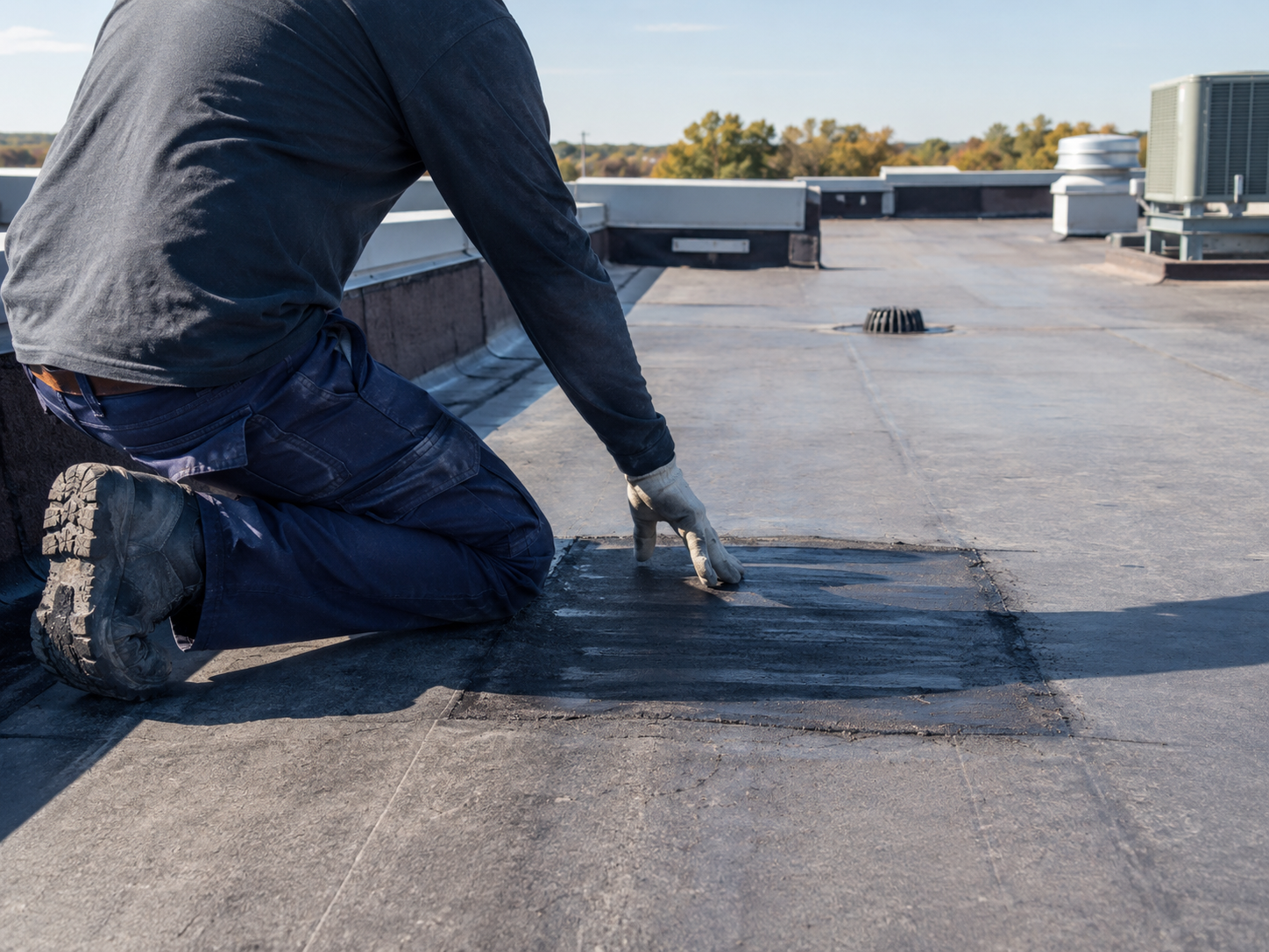 Worker kneels on a flat rooftop, applying black waterproof coating with a brush.