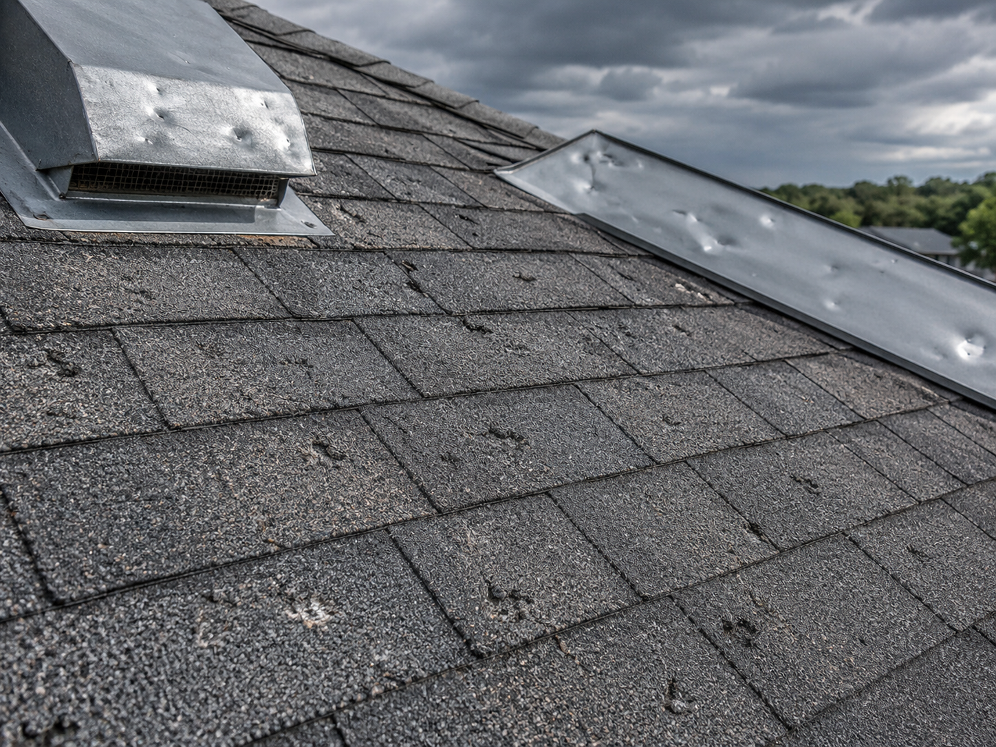 Shingled roof with two metal vents and a flashing panel on a sloped rooftop.