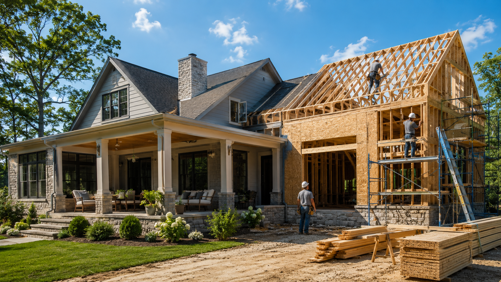 House under construction beside a completed home, with wooden framing, porch, and roof shingles visible