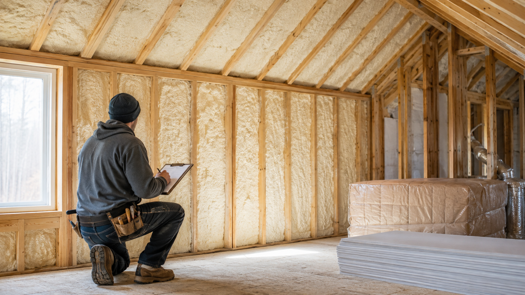 Person kneeling in a framed attic under construction, inspecting insulation and wood rafters.