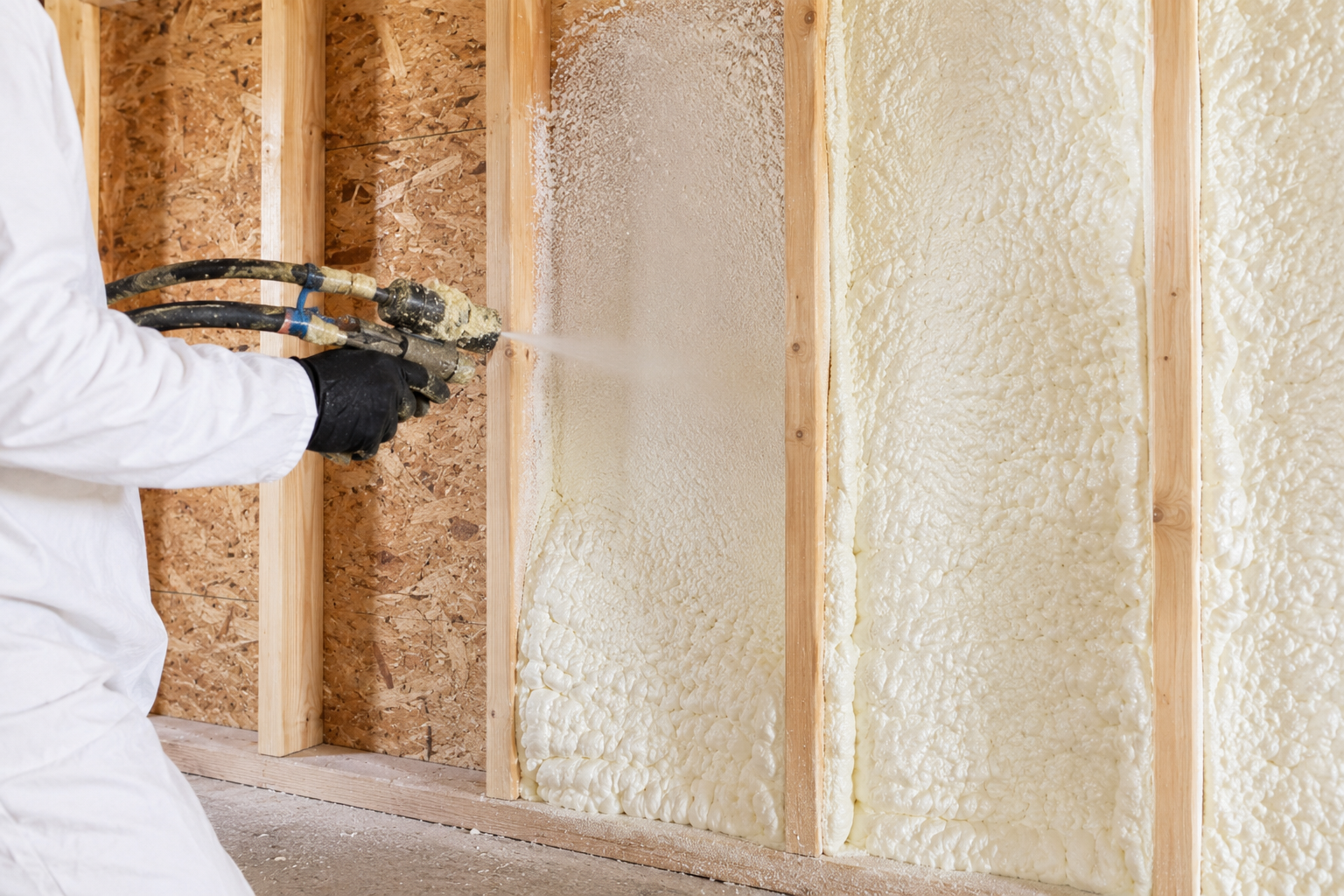 Worker spraying foam insulation into wall cavity
