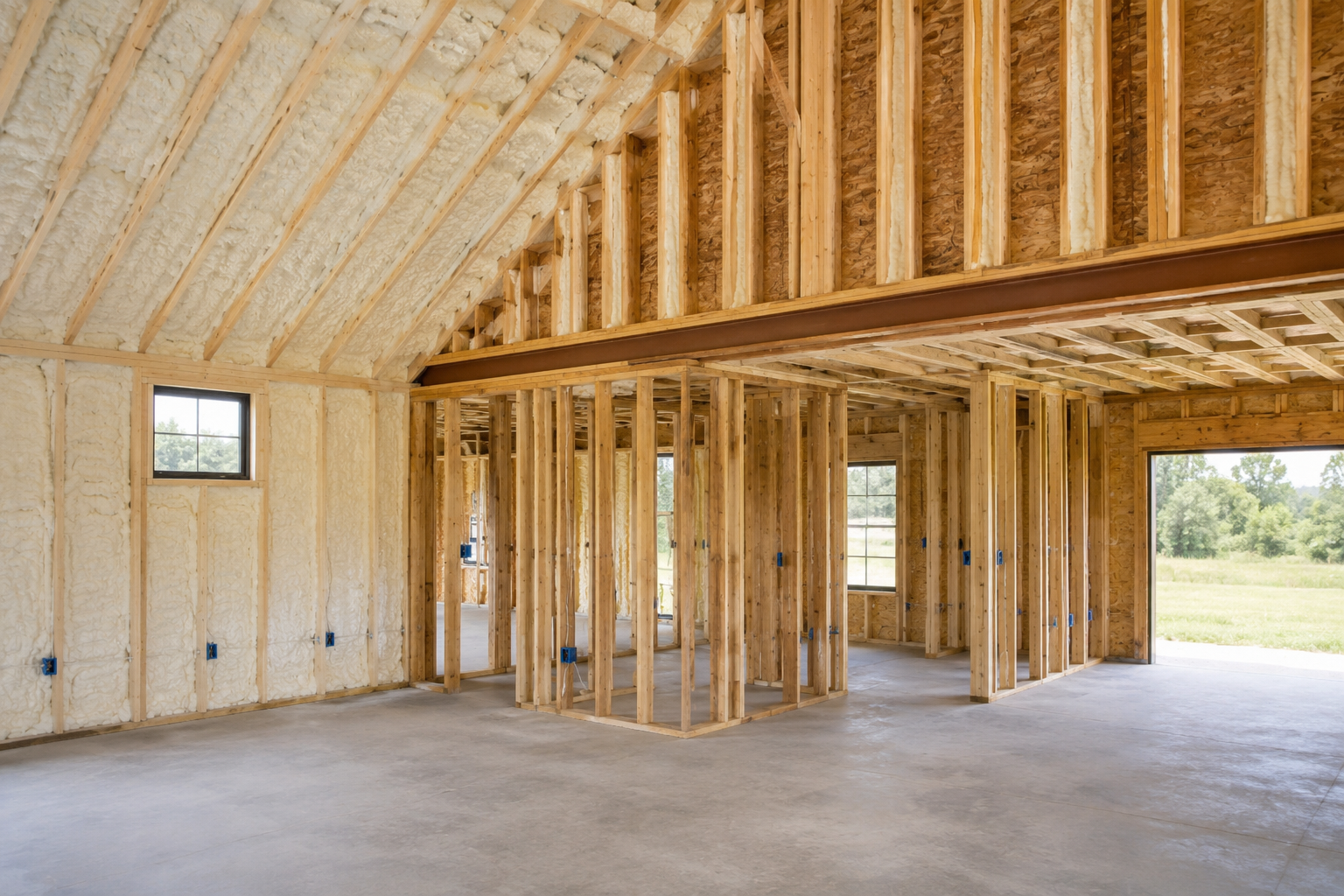 Partially finished wooden-framed house interior with exposed studs, insulation, and concrete floor