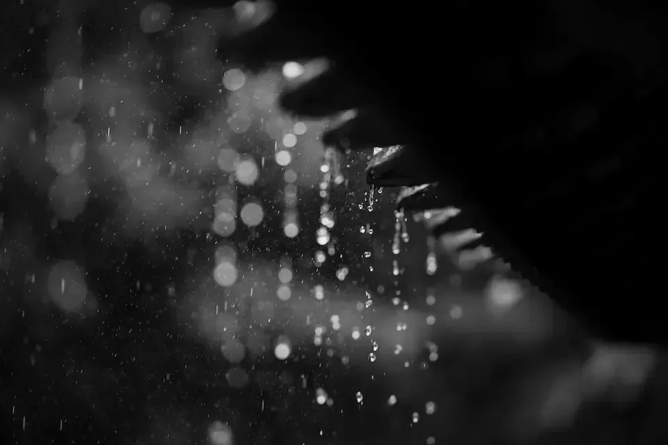 Black-and-white close-up of rain or water droplets falling along a textured surface