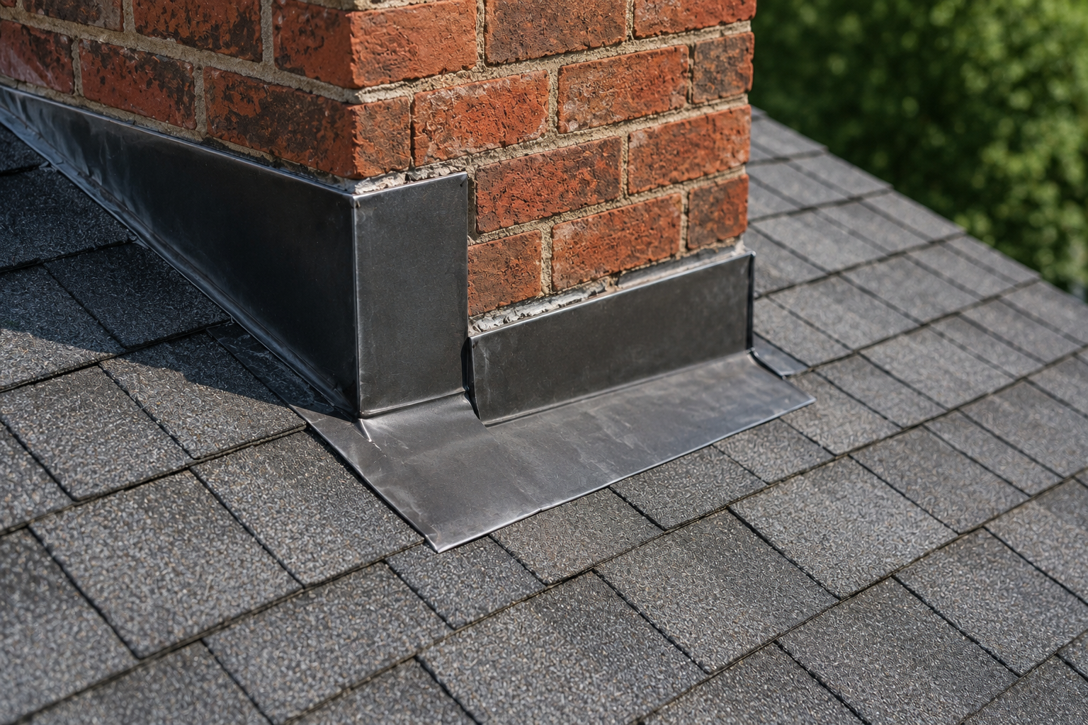 Brick chimney with metal flashing on a shingled roof corner