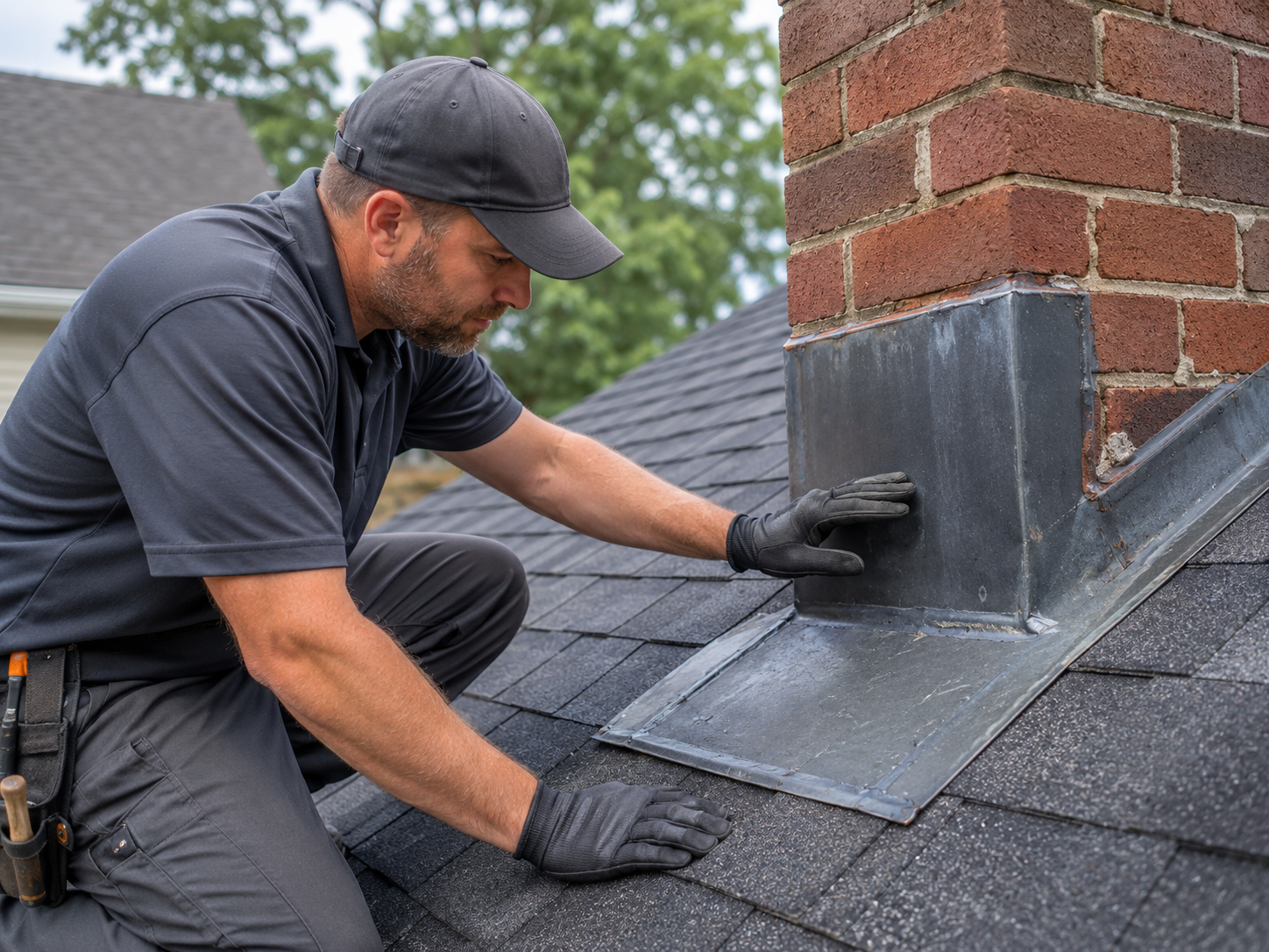 Worker installing flashing around a brick chimney on a shingled roof