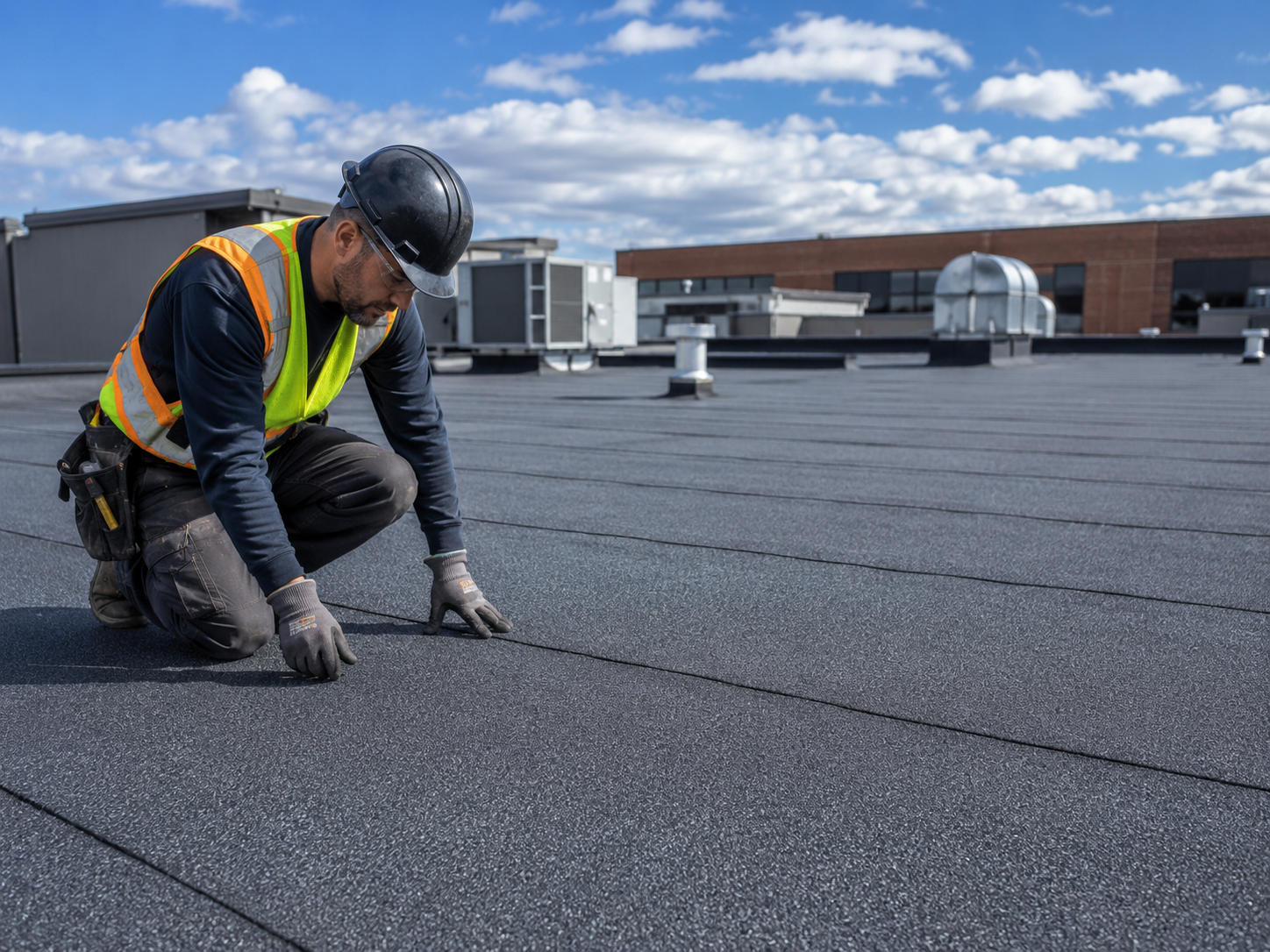 Worker kneeling on a rooftop inspecting dark roofing material under a cloudy sky.