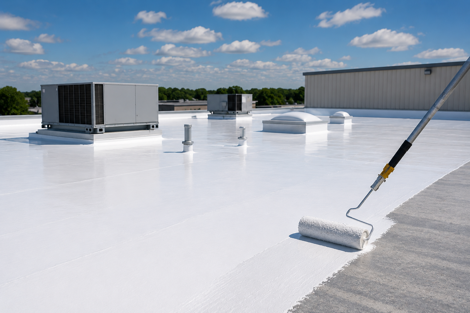 Worker rolling white coating on a flat rooftop with HVAC units under a blue sky