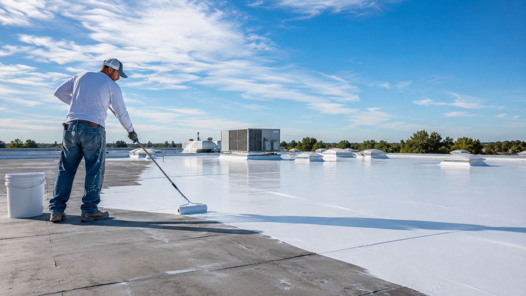 Worker rolling white coating on a flat rooftop under a blue sky