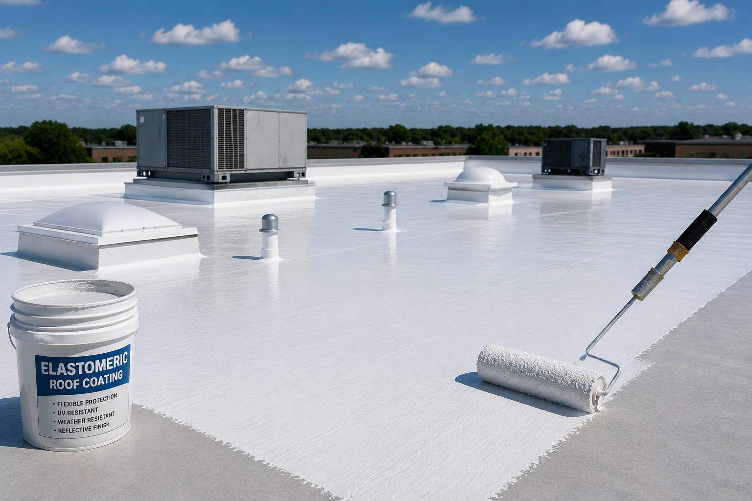 Worker applying white roof coating with a roller on a flat rooftop near HVAC units