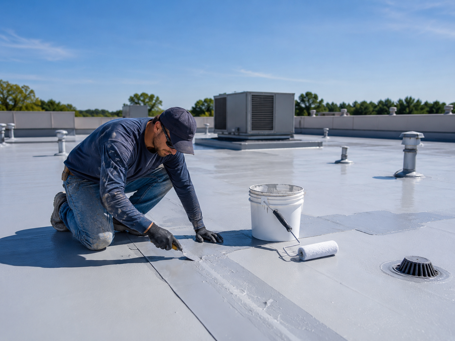 Worker sealing seams on a flat white rooftop with buckets and vents under a clear sky