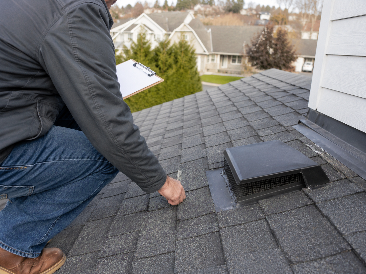 Worker inspecting shingled roof vent with clipboard on a residential rooftop