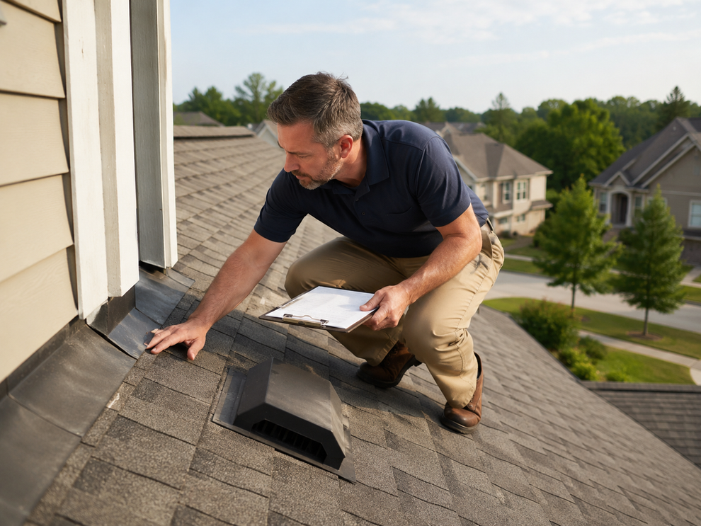 Man repairing a shingle roof beside a dormer window, crouched on the rooftop with tools in hand.