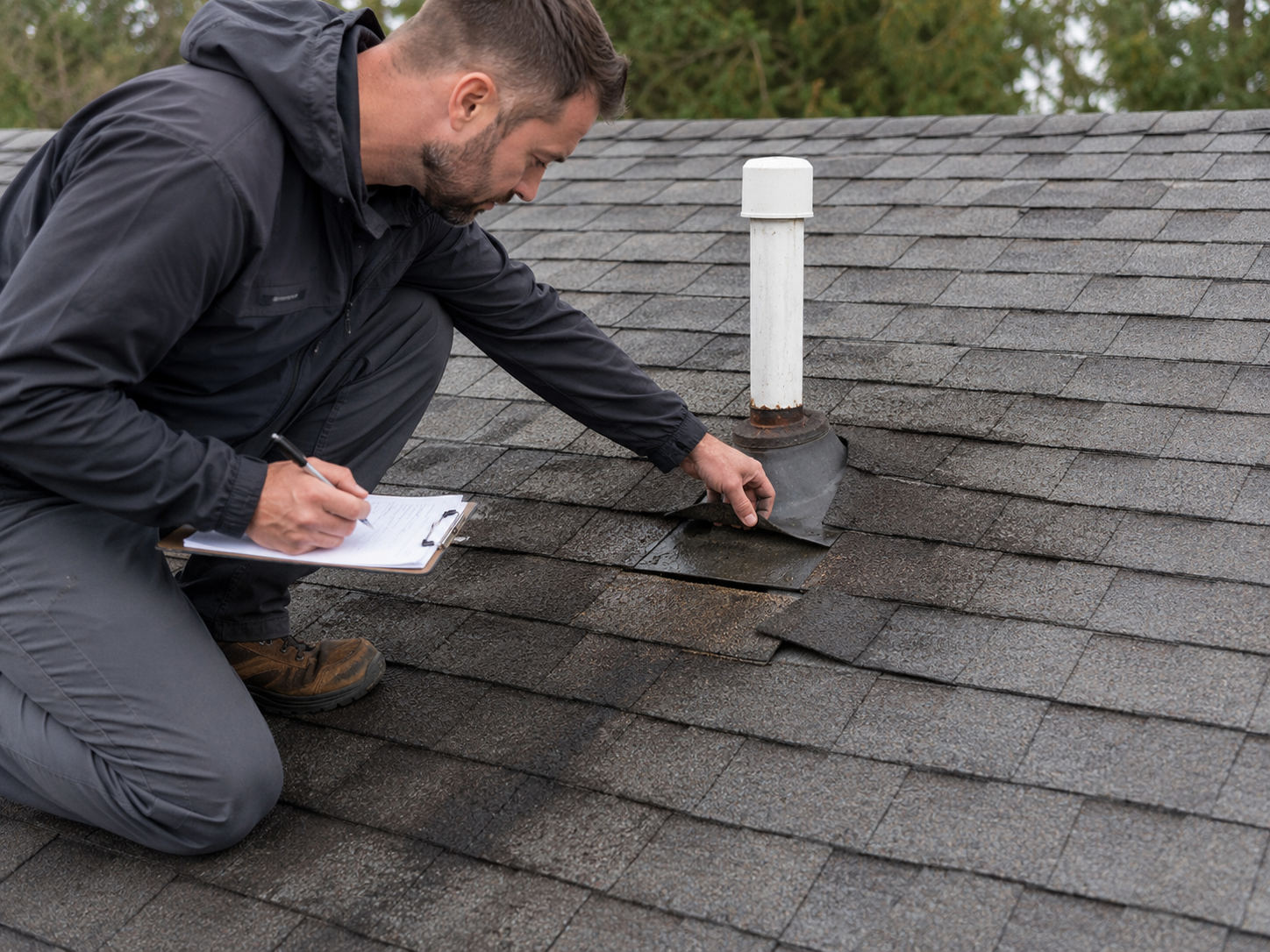 Worker inspecting and sealing a roof vent on a shingled rooftop with a clipboard in hand