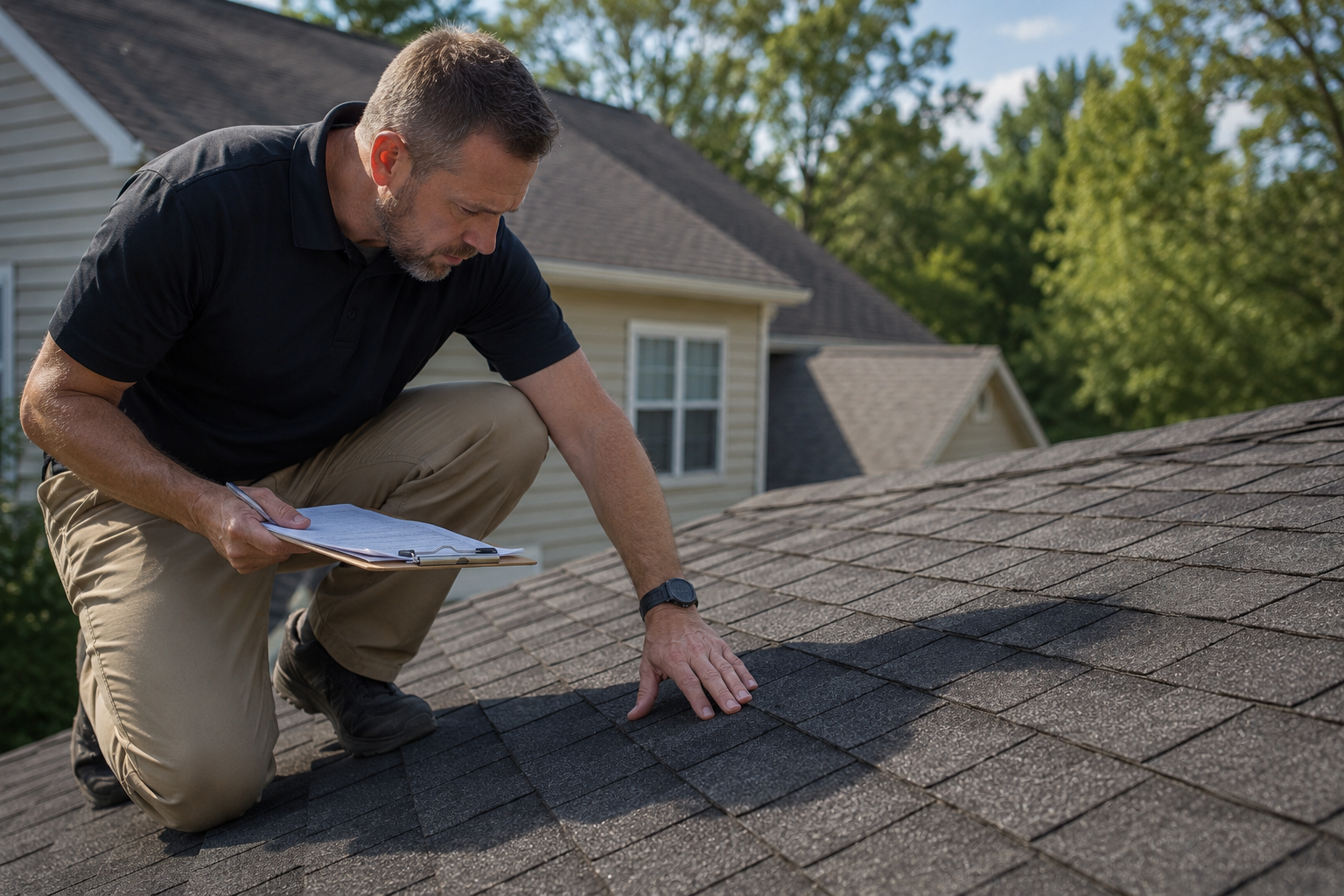 Man inspecting roof shingles with clipboard on a house rooftop in daylight