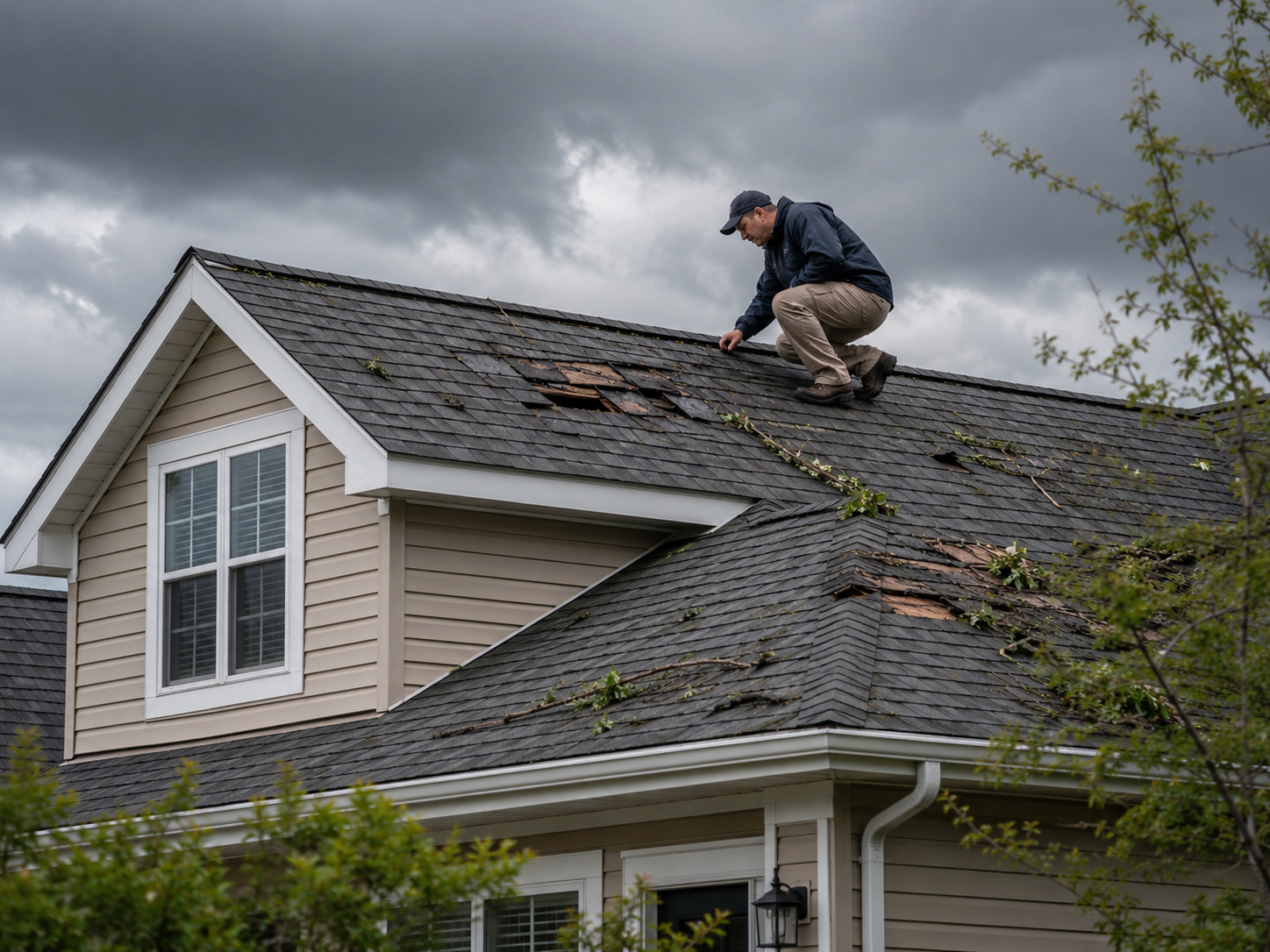Worker on a rooftop inspecting shingles under a cloudy sky