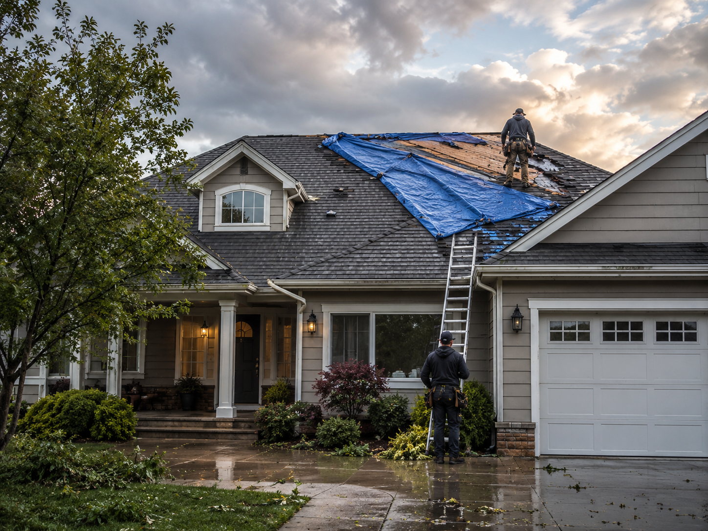 Workers on a house roof covering storm damage with blue tarp during rain